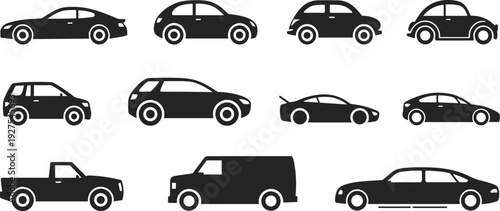 Diverse Collection Of Car Icons In Silhouette On White Background vehicle automobile