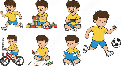 character set of a young boy in various activities and poses