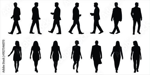 Diverse Silhouettes of Men and Women in Business Attire Walking and Standing people