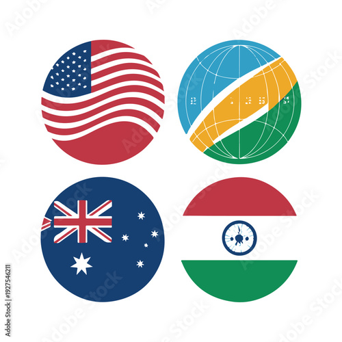 Four circular national flags U S A Australia India and a globe america world