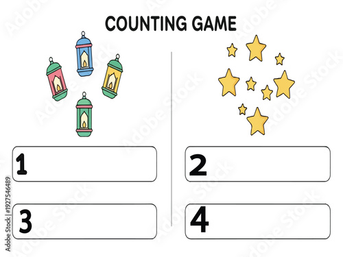 Counting game worksheet with four colorful lanterns and eight yellow stars for children's education