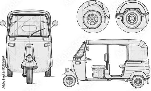 auto rickshaw technical drawing vector illustration, three wheeler tuk tuk blueprint sketch, vintage transport vehicle line art detailed design