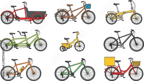 bicycle, collection, vector, illustration, different, bike, types, cargo, city, folding, tandem, mountain, road, kids, delivery, cycling, transport, eco, urban, set