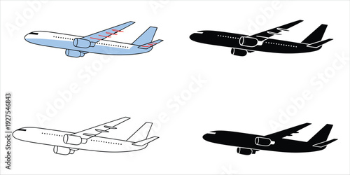 Four airplanes in different styles and colors on a white background Keywords: airplane, aircraft, plane, jet, aviation, travel