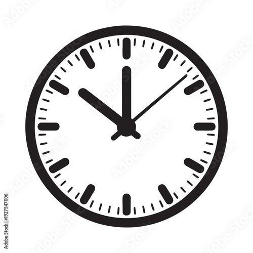 A simple black and white illustration of a circular clock face showing approximately ten minutes past the hour