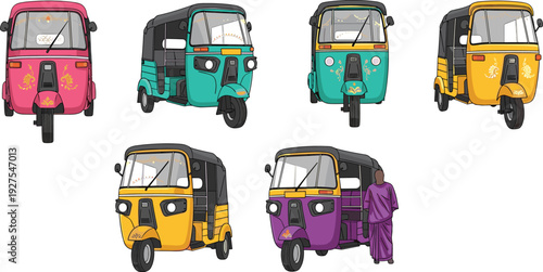 colorful auto rickshaw tuk tuk transport vector illustration set, traditional three wheeler taxi vehicle icons isolated for travel urban design