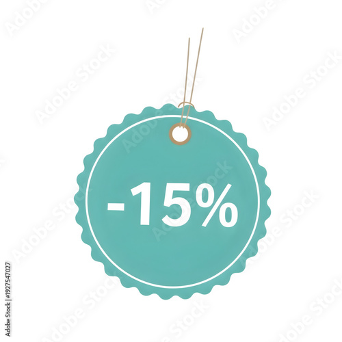Mint green discount sale tag with minus fifteen percent offer badge icon isolated on transparent background