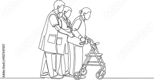 elderly rehabilitation walking aid illustration, physiotherapist assisting senior patient, healthcare recovery support line art, medical therapy mobility training concept vector