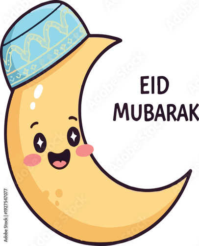 Cute cartoon crescent moon character wearing a blue patterned kufi hat with black text "EID MUBARAK" on a white background