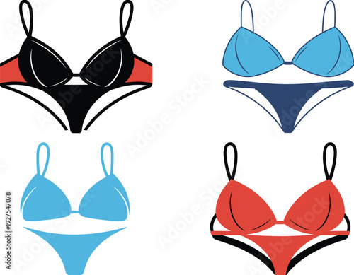 Four colorful bikini swimsuits arranged in a grid on a white background Keywords: bikini, swimsuits, swimwear, beachwear