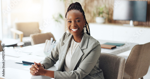 Photos Portrait, happy or black woman in boardroom with pride, about us or job in finance industry