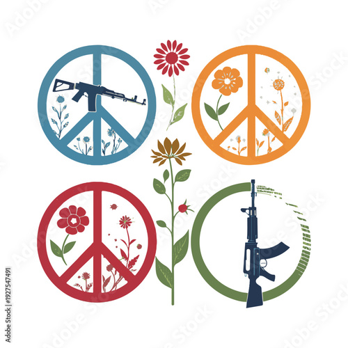 Four peace symbols with guns and flowers in blue orange red green rifle