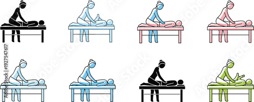 physiotherapy massage therapy treatment icon set, rehabilitation patient stretching exercise silhouettes, medical physical therapy vector illustration collection for healthcare design