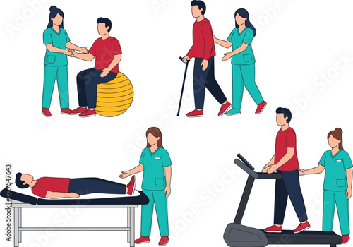 physiotherapy rehabilitation exercises with therapist assisting patient walking treadmill therapy medical recovery treatment vector illustration healthcare clinic concept design