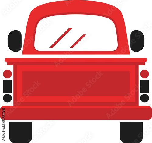 Rear View of a Red Vintage Pickup Truck with Black Wheels and Accents vehicle