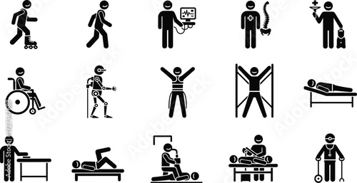 physiotherapy rehabilitation icons, medical therapy pictograms, disability recovery symbols, healthcare treatment silhouettes, patient mobility assistance vector icon collection set
