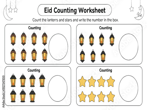 Eid Counting Worksheet with brown and gold lanterns and yellow stars for children's educational activity