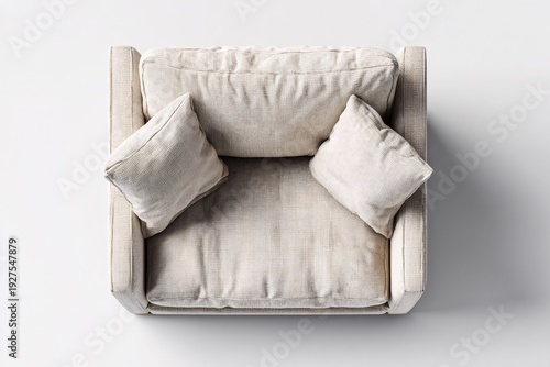 Comfortable beige armchair with two pillows on white background