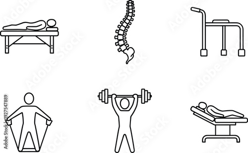 rehabilitation therapy icons set, physiotherapy equipment outline, spine health symbol, medical exercise pictogram, recovery treatment illustration, fitness rehabilitation vector collection