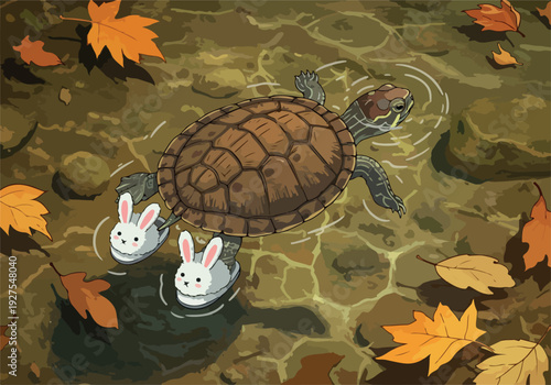 Pixel Art Turtle in Bunny Slippers Swims in Autumn Water with Leaves
