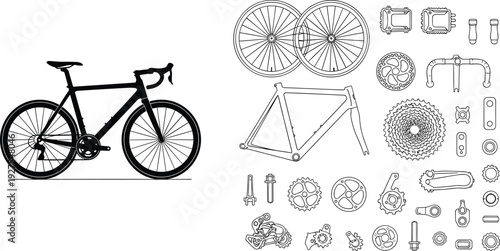 road, bicycle, parts, collection, silhouette, outline, vector, illustration, bike, components, gear, wheel, frame, cycling, repair, mechanic, sport, design, set, graphic
