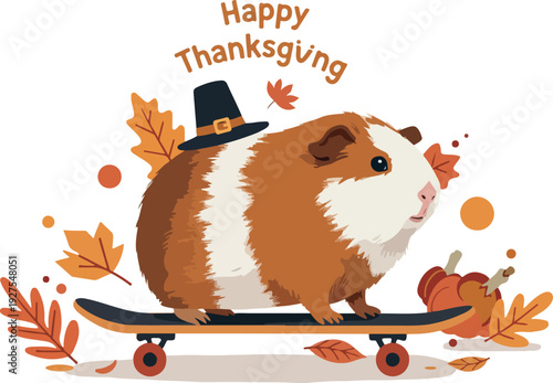 Pixel Guinea Pig Thanksgiving With Pilgrim Hat On Skateboard