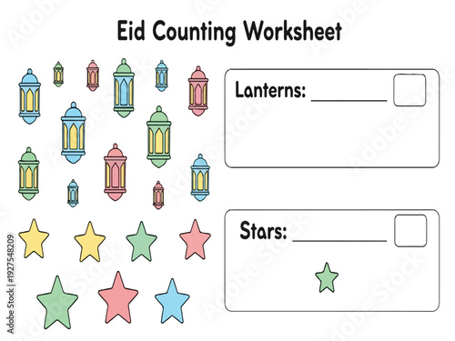 Eid Counting Worksheet with 16 pastel colored lanterns and 8 pastel colored stars on a white background