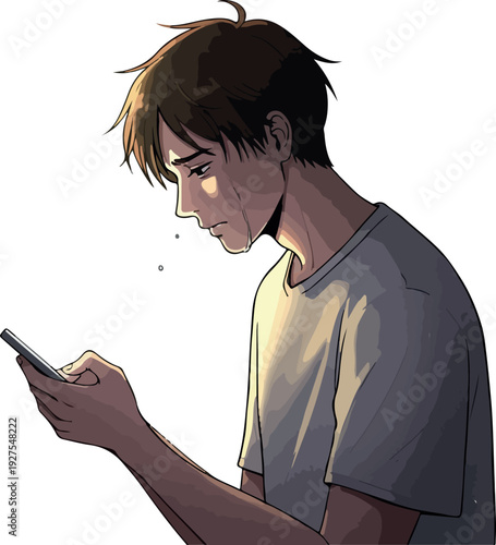 Sad Young Man Looking at Phone Soft Light White Background Anime Style