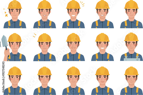 Pixel Worker Emoticon Set Yellow Hard Hat Blue Overalls