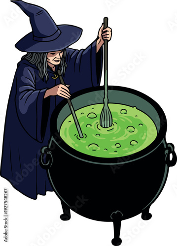 Pixel Art Witch Brewing Green Potion in Cauldron with Bubbles on White Background