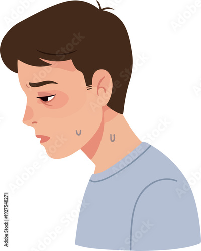Sad Young Man Looking Down Blue Gray T-Shirt Isolated White Background