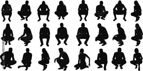 Silhouettes of twenty-four people in various squatting and sitting poses figures human
