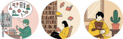 science education lifestyle concept illustrations, laboratory research student reading library child holding teddy bear cozy home learning circular vector design