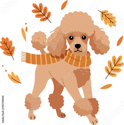 Poodle Dog Wearing Scarf Autumn Leaves Minimalist Illustration