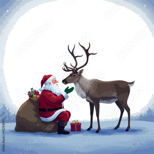 Santa Claus With Reindeer And Gifts Snow Forest Moonlit Night