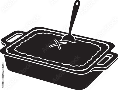 Savory pie in a baking dish with a spoon, ready to serve a delicious meal , Generative Ai