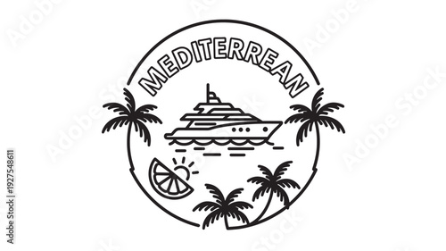 A black and white illustration of a Mediterranean cruise logo featuring a yacht, palm trees, and a slice of citrus fruit, evoking a sense of tropical vacation and ocean travel.