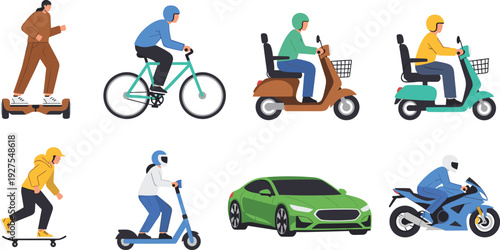 urban, transport, people, riding, scooter, bicycle, car, motorcycle, skateboard, hoverboard, micromobility, vector, illustration, city, commuting, lifestyle, mobility, modern, traffic, set