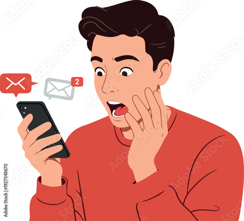Shocked Man With Phone Receiving Bad News Notification Vector