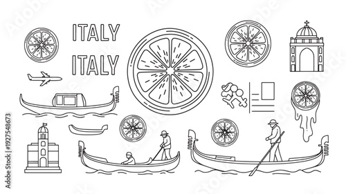 A black and white illustration of various Italian icons including gondolas, lemons, and architecture, evoking a sense of vintage travel and tourism in Italy.