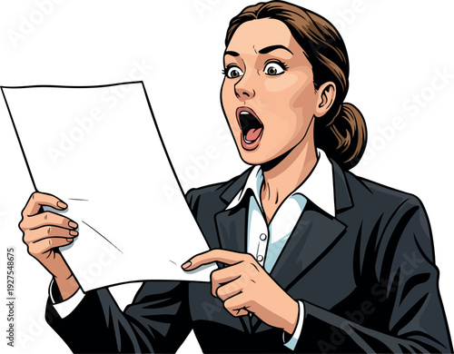 Shocked Businesswoman Wearing Dark Suit Reads Important Document White Background