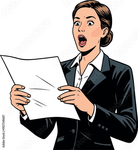 Shocked Woman In Suit Reads Paper With Surprise Expression