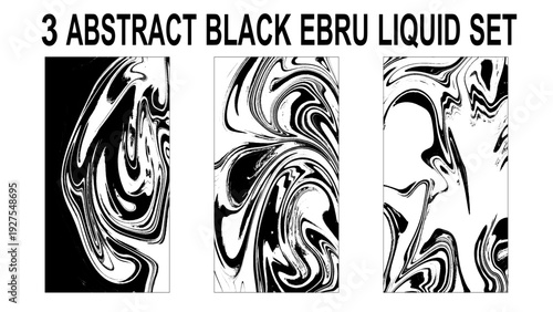 Set of abstract backgrounds. Ink marbling textures. Black and white. Hand drawn marble illustrations, ebru aqua paper and silk prints. Traditional Turkish ebru technique.