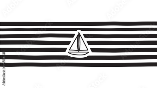 A minimalist sailing icon set against a bold black and white horizontal striped background, conveying a sense of freedom and adventure.