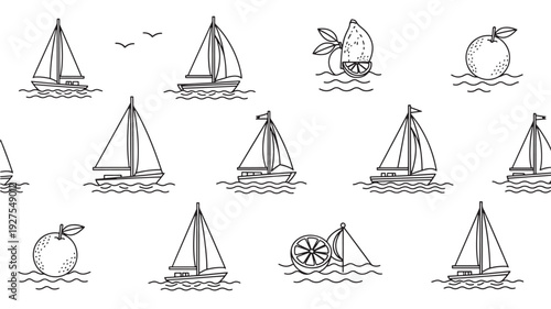 A black and white illustration of a repeating pattern featuring sailboats on water and citrus fruits, perfect for use in design projects, textiles, or as a background element.