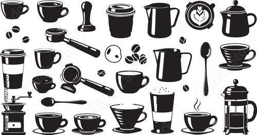 Coffee Cups and Accessories Illustration Set in Black White