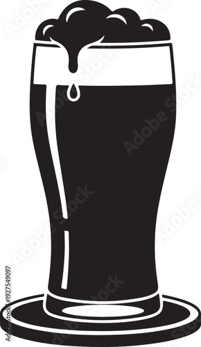 Dark beer silhouette in a pint glass with overflowing foam and a drip, refreshing beverage icon, vector illustration. , Generative Ai