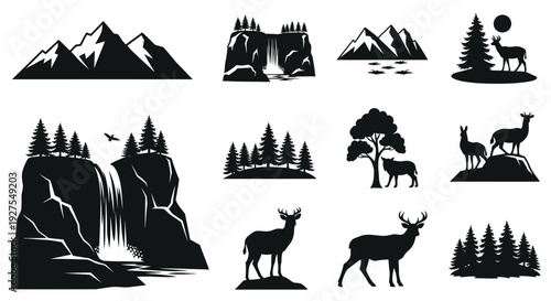 Black and white nature scenes with mountains forests and deer silhouette
