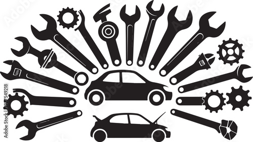 Car repair tools and equipment in black silhouette style