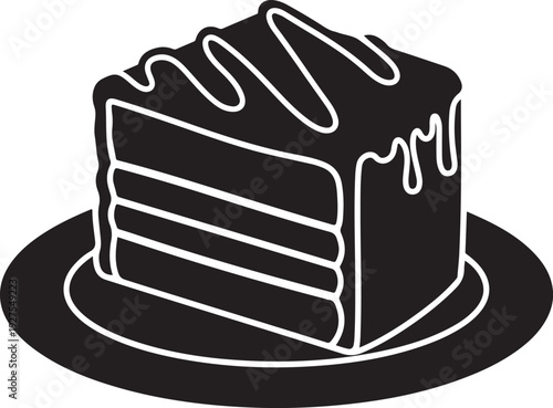 Decadent chocolate cake slice silhouette with icing drizzle on a plate, rich dessert icon for bakery, vector graphic. , Generative Ai